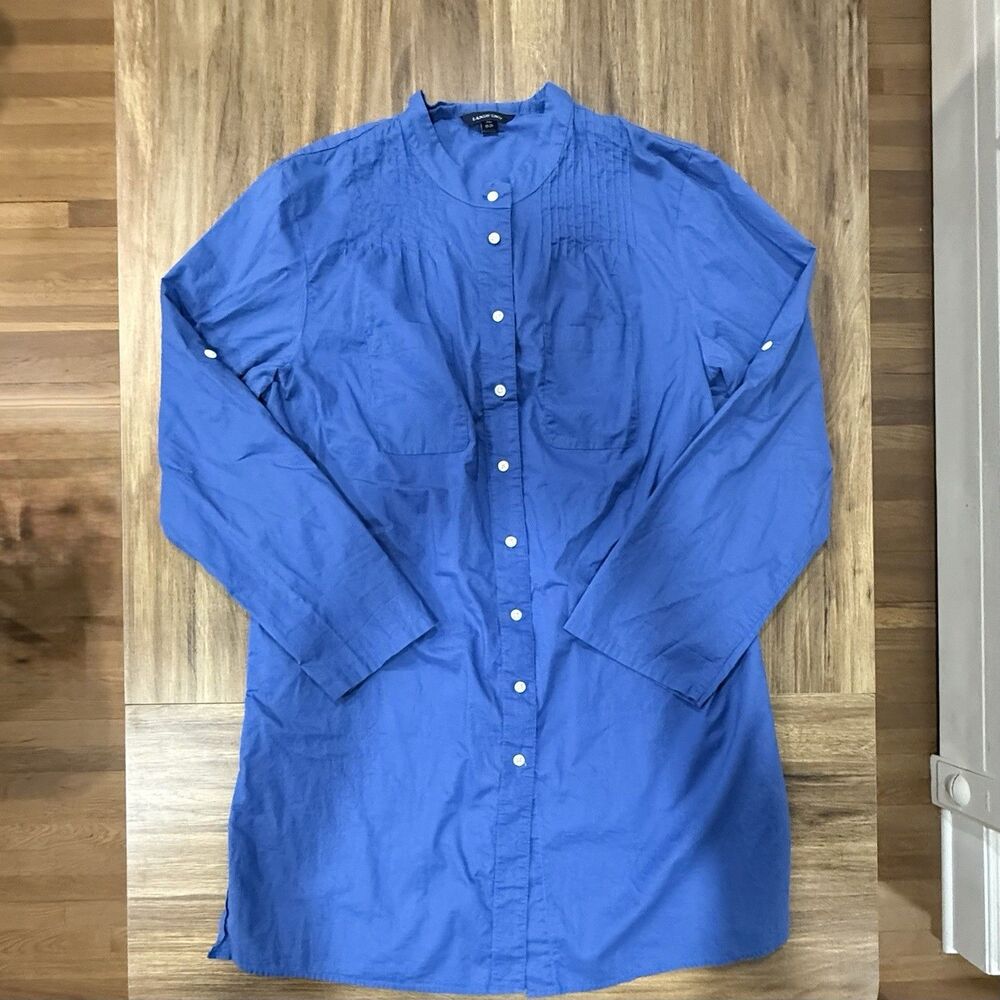 Lands End Blue 100% Cotton Classic Preppy Button Up Shirt Women Sz XL Tunic Top